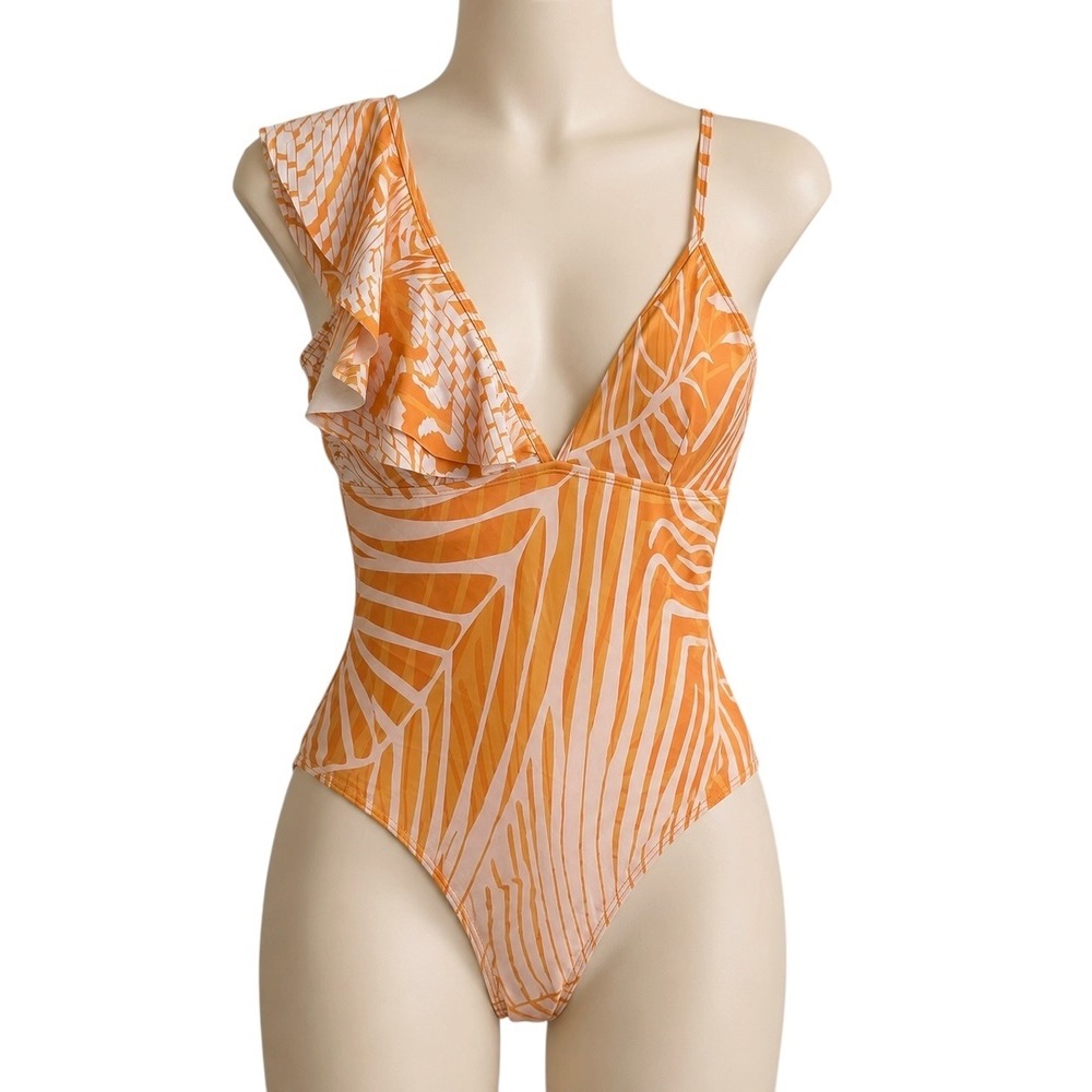 Florentine Swimsuit Set Womens L Orange New Palm Leaf Ruffle One Piece Sarong